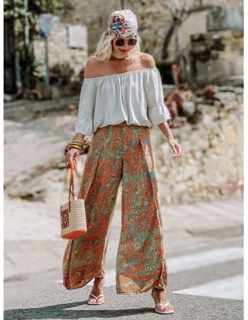Pantalones de pierna ancha con estampado tropical, Moda de Mujer, SHEIN  México